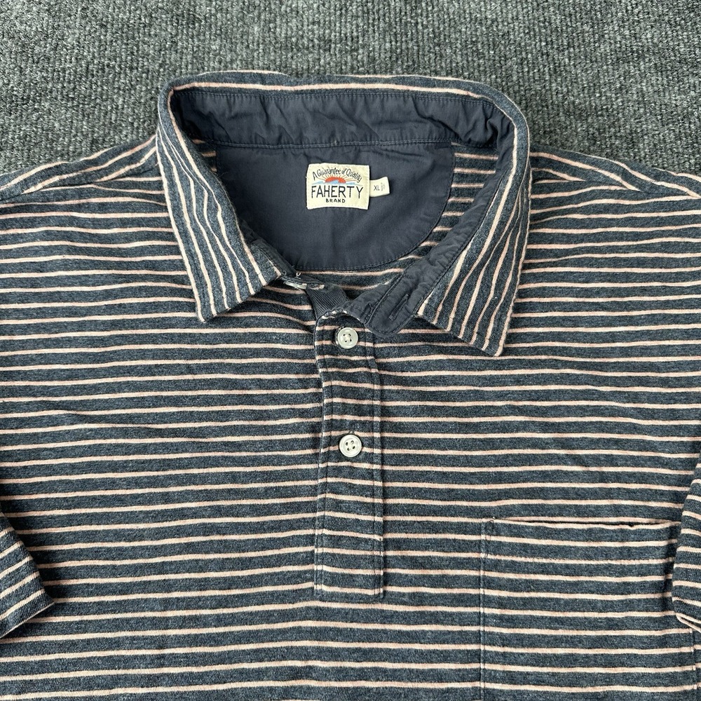 Faherty Brand Polo Shirt Men's XL Gray‎ Pink Striped Short Sleeve Cotton
